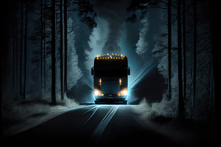 truck, barreling down a forest road at night, with only its headlights illuminating the way, created with generative aiの素材