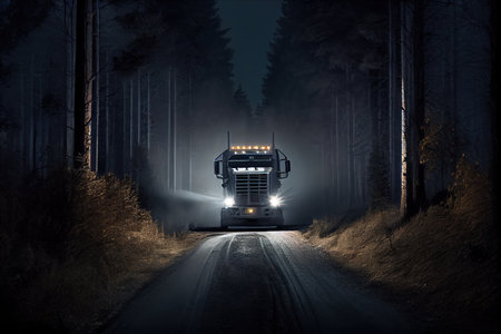 truck, barreling down a forest road at night, with only its headlights illuminating the way, created with generative aiの素材