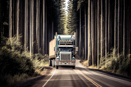 truck with load of timber speeding through forest on narrow road, created with generative aiの素材