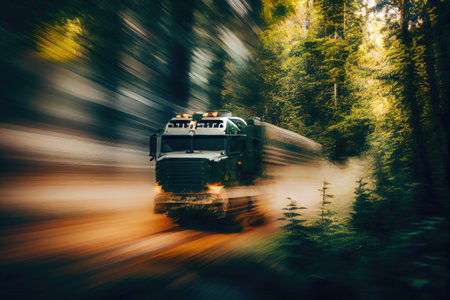 truck flying past forest with trees and branches whizzing by in blur, created with generative aiの素材