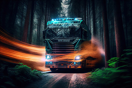 truck with special equipment in the forest on high speed, created with generative aiの素材