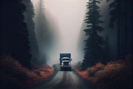 foggy forest road with truck heading to unknown destination, created with generative aiの素材