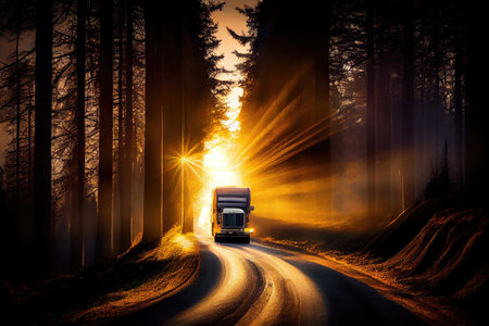 truck speeding through forest on winding road with the sun peeking through the trees, created with generative aiの素材