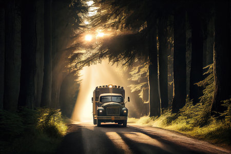 truck flying past trees on winding forest road with the sun shining through the canopy, created with generative aiの素材