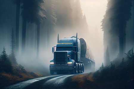 truck, speeding down forest road with misty fog in the background, created with generative aiの素材