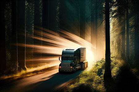 truck speeds past dense forest, with sunlight shining through the trees, created with generative aiの素材