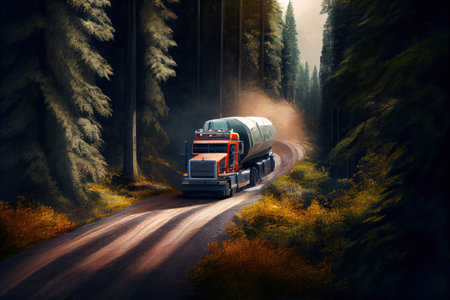 forest road with truck, which is driving at high speed on the winding forest path, created with generative aiの素材
