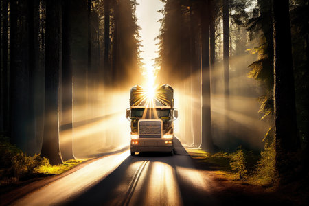 truck speeding past trees on winding forest road, with the sun shining through the canopy, created with generative aiの素材