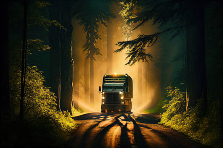 truck driving through dense forest, with glimpses of sunlight shining through the trees, created with generative aiの素材