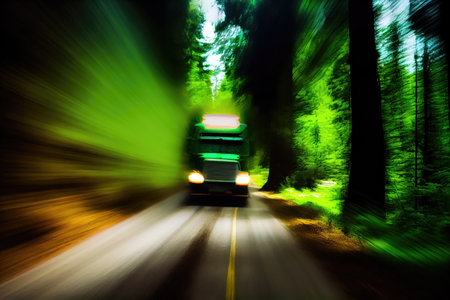 forest road with truck speeding through the forest, creating blur of green and red, created with generative aiの素材