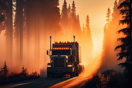 truck driving through forest on foggy morning, with sunrise in the background, created with generative aiの素材