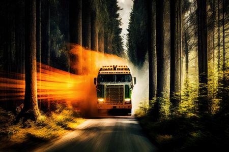 truck barreling through forest, with trees whipping by in the background, created with generative aiの素材