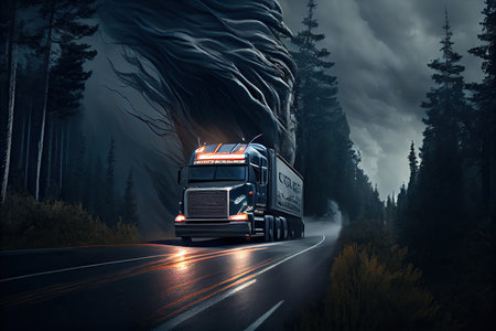 forest road with truck on high speed during stormy day, created with generative aiの素材