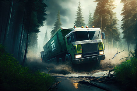 truck carrying emergency supplies and rushing to save the day in forest after natural disaster, created with generative aiの素材