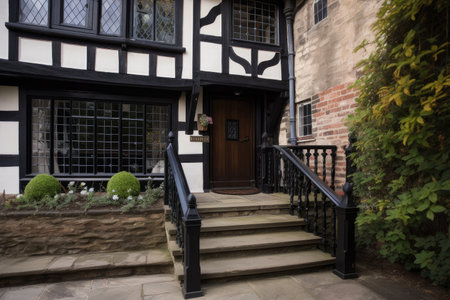 tudor house, with black wrought-iron railing and stone steps leading to the front door, created with generative aiの素材