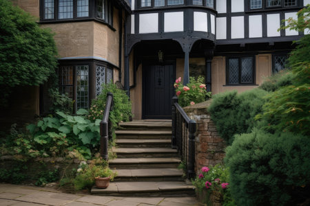 tudor house, with black wrought-iron railing and stone steps leading to the front door, created with generative aiの素材