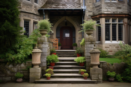 a grand entrance with stone steps and a lantern, leading to a tudor house, created with generative aiの素材