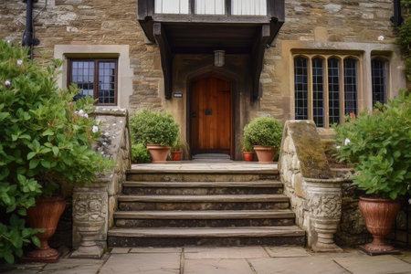a grand entrance with stone steps and a lantern, leading to a tudor house, created with generative aiの素材