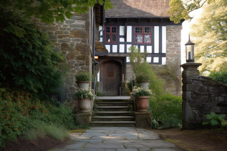 a grand entrance with stone steps and a lantern, leading to a tudor house, created with generative aiの素材