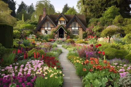 tudor house with garden of colorful blooms and winding paths, created with generative aiの素材