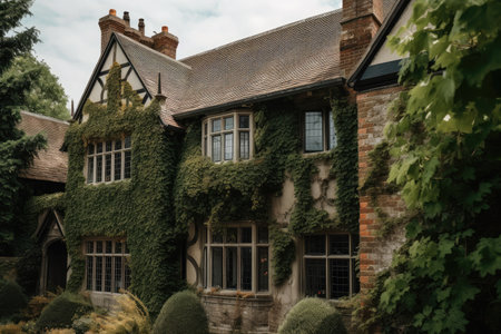 tudor exterior with ivy climbing up the walls and windows, created with generative aiの素材