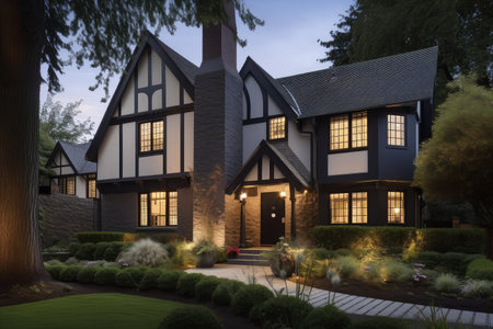 modernized exterior of tudor-style house surrounded by contemporary landscaping and lighting, created with generative aiの素材
