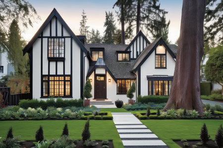 modernized exterior of tudor-style house surrounded by contemporary landscaping and lighting, created with generative aiの素材