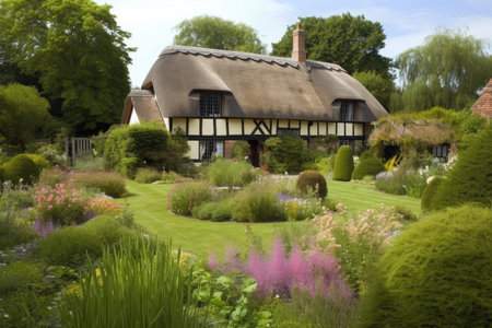 tudor house with thatched roof and garden landscaping, surrounded by natural beauty, created with generative aiの素材