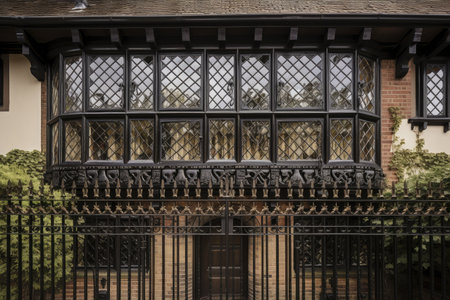 tudor house with intricate patterned window shutters and wrought-iron fence, created with generative aiの素材