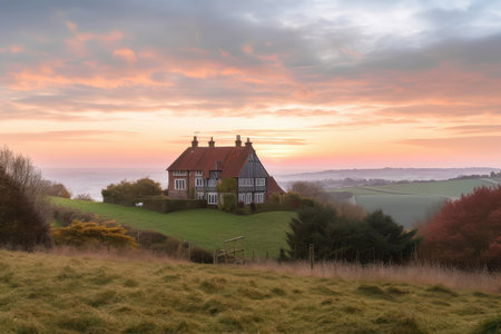 tudor house with view of rolling green hills, surrounded by pastel sky, created with generative aiの素材
