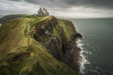 tudor house on the edge of a cliff with dramatic view, created with generative aiの素材