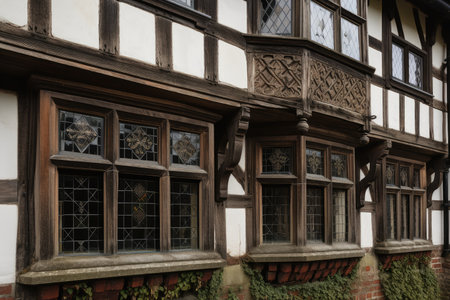 close-up of the exterior details, such as windows and doors, of a tudor house, created with generative aiの素材