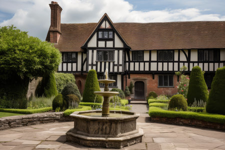 tudor house exterior, with view of the surrounding garden and fountain, created with generative aiの素材