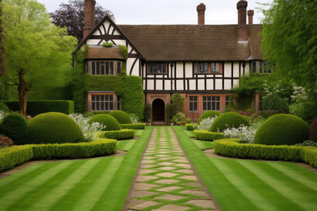 tudor house with rolling lawn and meandering pathway leading to the front door, created with generative aiの素材