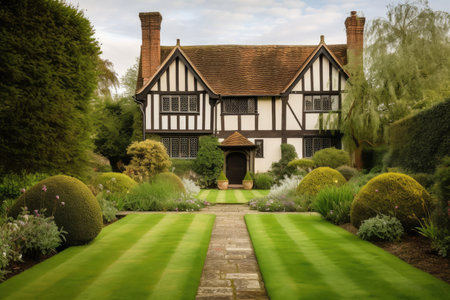 tudor house with rolling lawn and meandering pathway leading to the front door, created with generative aiの素材