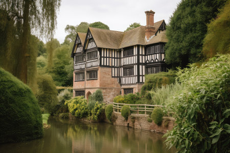 tudor house surrounded by lush greenery, with a glimpse of the lake in the background, created with generative aiの素材