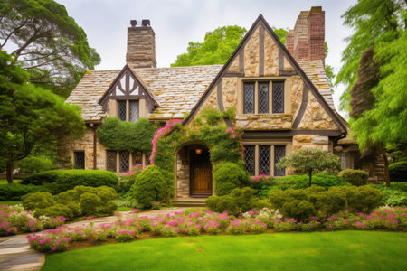 tudor house with stone exterior, surrounded by lush green yard and blooming flowers, created with generative aiの素材