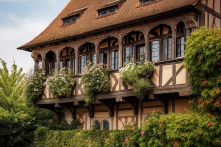 tudor house with greenery and flowers on the balcony, view of the park, created with generative aiの素材
