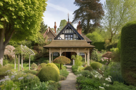 traditional tudor house, surrounded by manicured gardens, with gazebo and stone lanterns, created with generative aiの素材