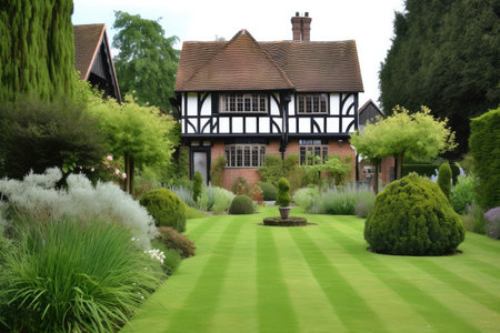 tudor house, with view of manicured gardens and gazebo, in tranquil setting, created with generative aiの素材