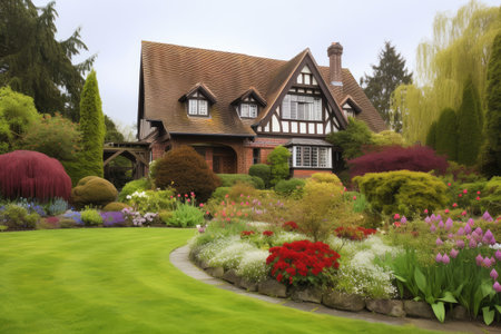 tudor house surrounded by beautiful garden, with blooming flowers and freshly manicured lawn, created with generative aiの素材