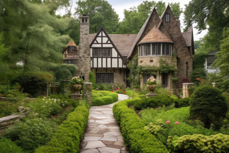 tudor house surrounded by lush green garden, with stone walkway and lanterns, created with generative aiの素材