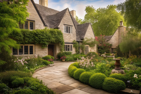 tudor house surrounded by lush green garden, with stone walkway and lanterns, created with generative aiの素材