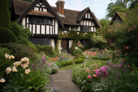 tudor house with lush greenery and blooming flowers in the garden, created with generative aiの素材