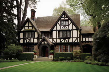 exterior of classic tudor house, with rolling green lawn and majestic trees in the background, created with generative aiの素材