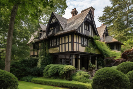 tudor house with wrap-around porch surrounded by lush greenery, created with generative aiの素材