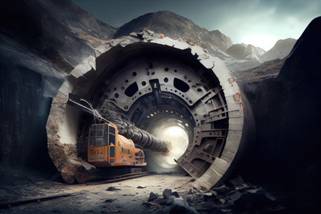 tunnel boring machine drilling through rock in mountain tunnel, created with generative aiの素材