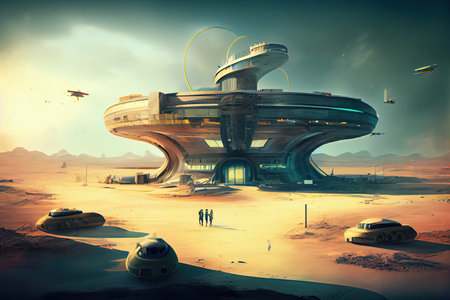 ufo cosmodrome, with view of landing pad and futuristic buildings in the background, created with generative aiの素材