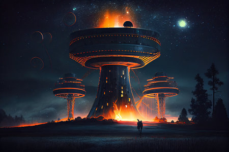 ufo launch tower, with ufos taking off one after the other into the starry sky, created with generative aiの素材