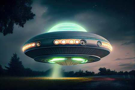 close-up of ufo, with lights and windows visible, created with generative aiの素材